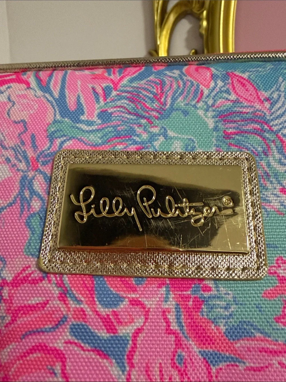 Lilly Pulitzer Pink & Blue Floral Cosmetic Case with Gold Plaque